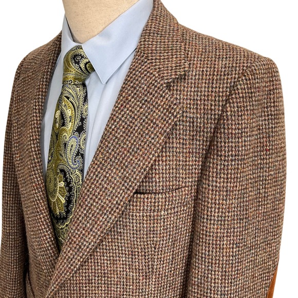 Stafford Harris Tweed Blazer Men 40 Brown Houndstooth Elbow Patch Academia  VTG - Picture 1 of 13